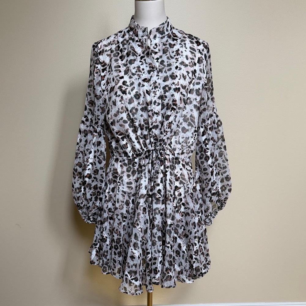 TCEC Leopard Print Long Sleeve Shirt Dress | Tie Waist | Size M
